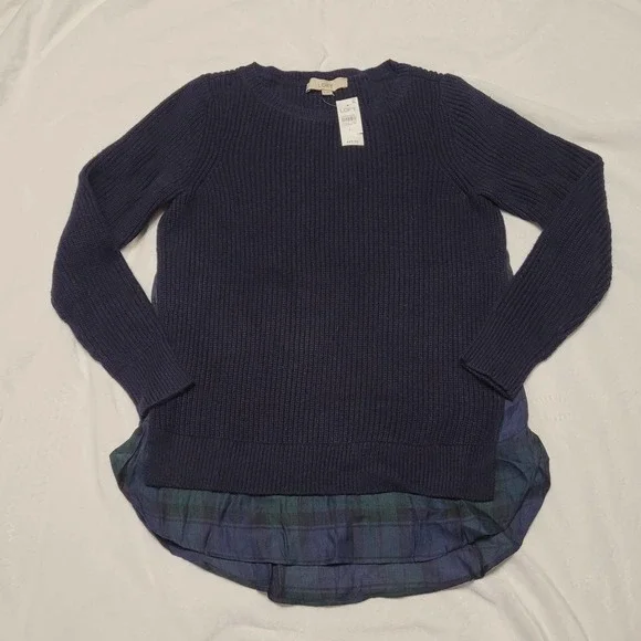 NWT Ann Taylor LOFT 2 in 1 Sweater Navy blue plaid shirt tail inset size Small - Picture 1 of 4